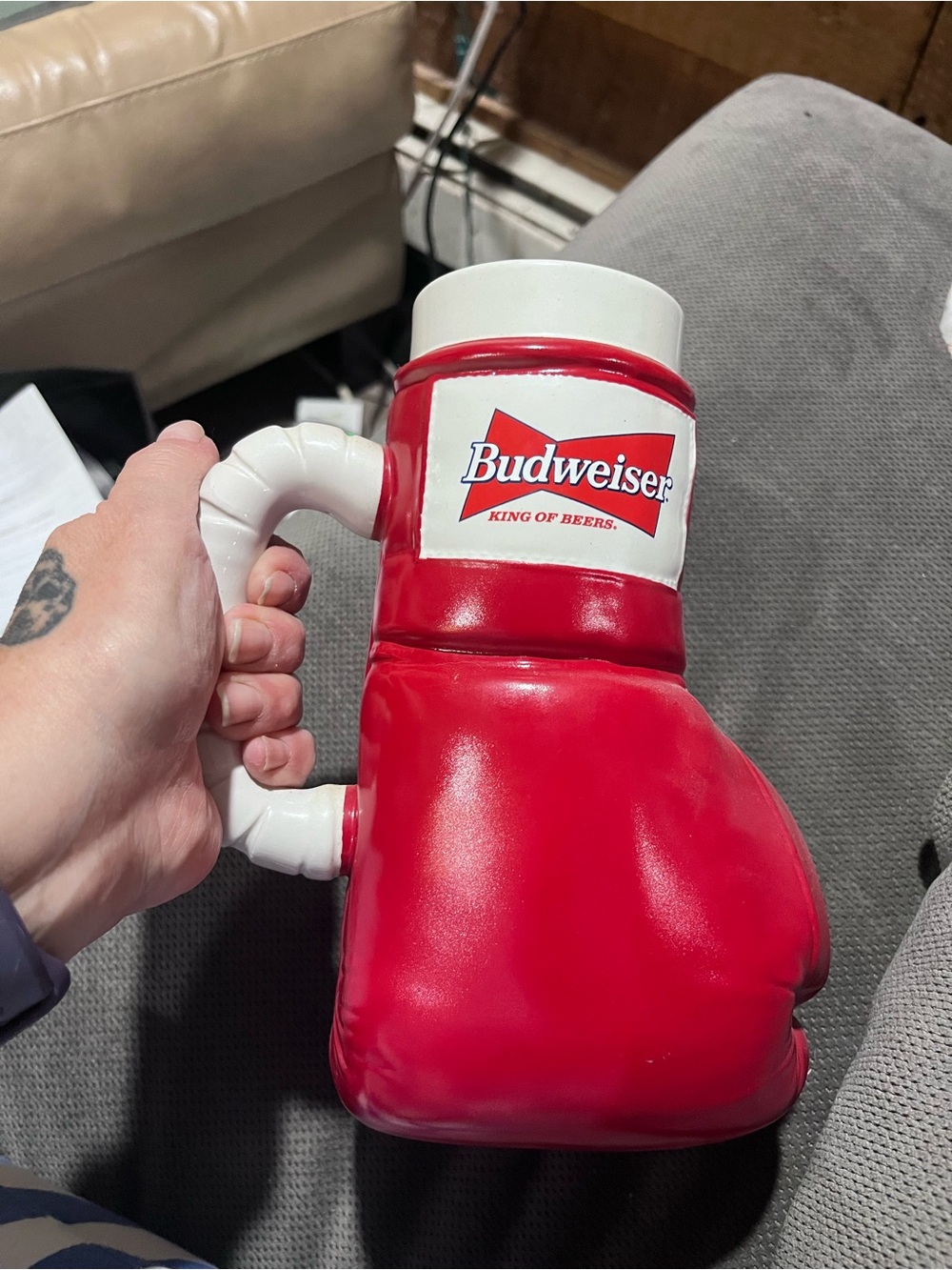 Budweiser Red and White Boxing Glove stein beer mug